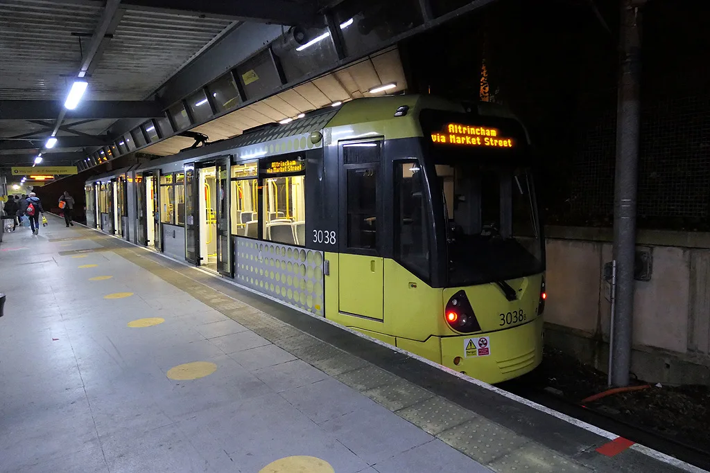 A Metrolink tram at Bury Interchange, the northern terminus of both the green and yellow lines